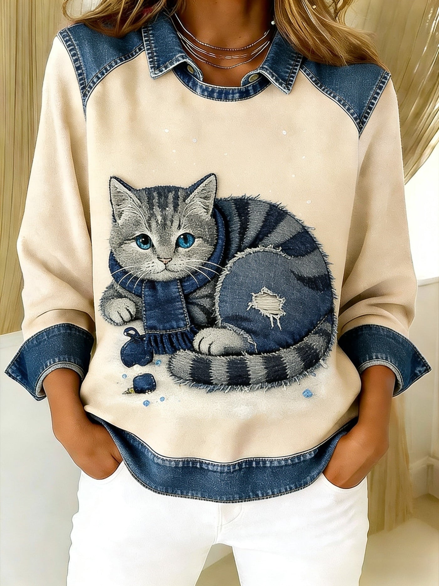 Eponin | Retro Cat Patchwork Sweatshirt