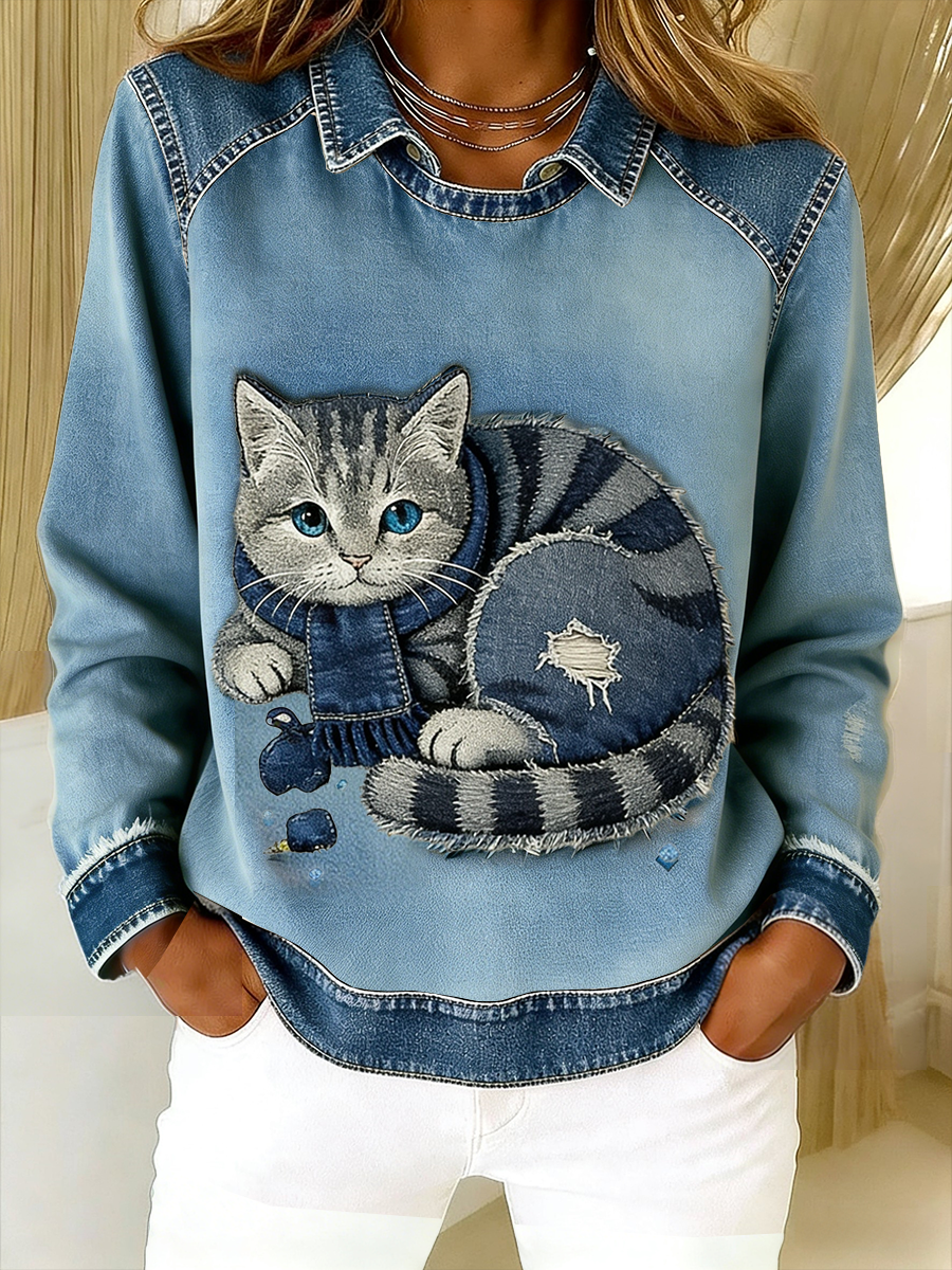 Eponin | Retro Cat Patchwork Sweatshirt