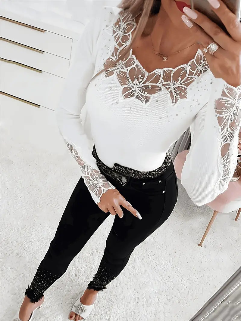 Elena™ | Luxe Lace V-Neck Sweater
