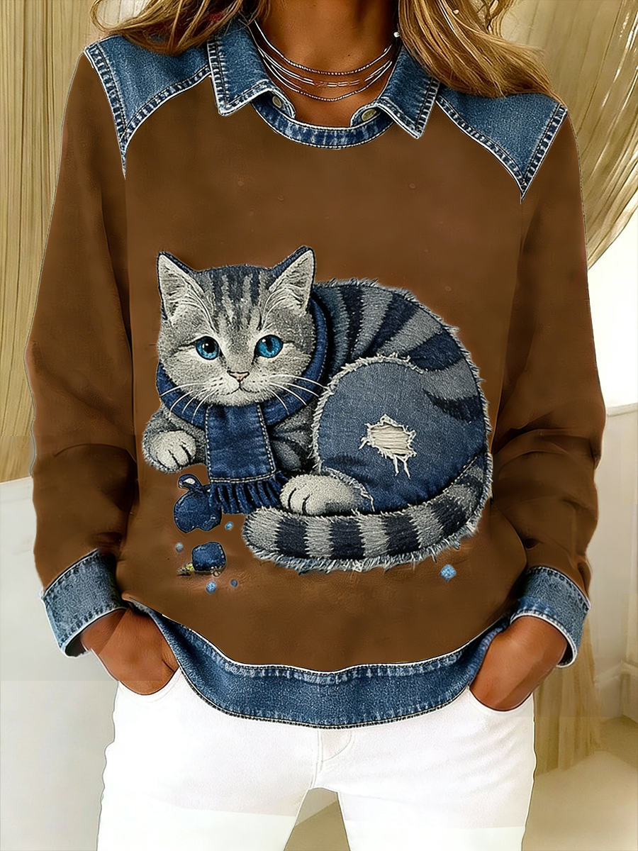 Eponin | Retro Cat Patchwork Sweatshirt