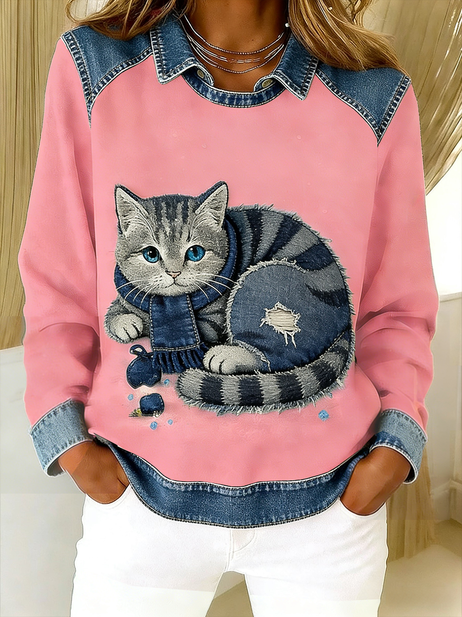 Eponin | Retro Cat Patchwork Sweatshirt