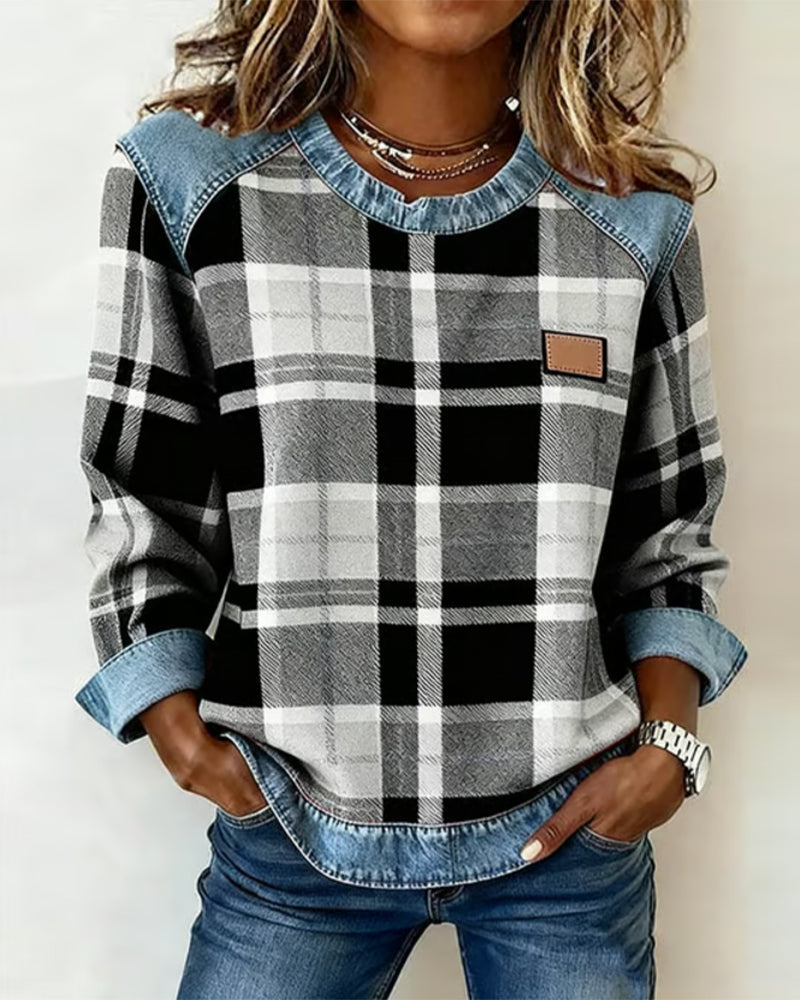 Vera | Soft Plaid Denim-Trim Pullover