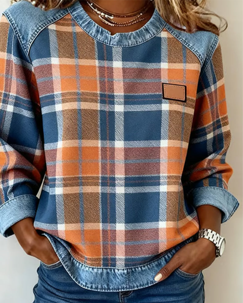Vera | Soft Plaid Denim-Trim Pullover
