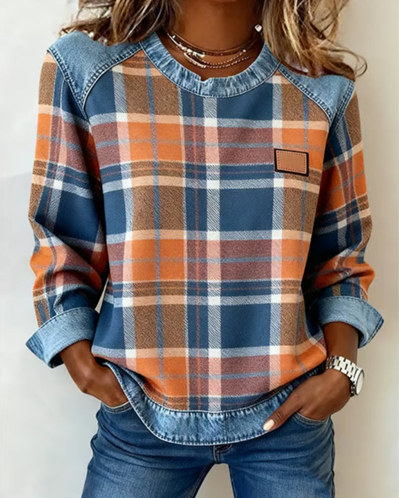 Vera | Soft Plaid Denim-Trim Pullover