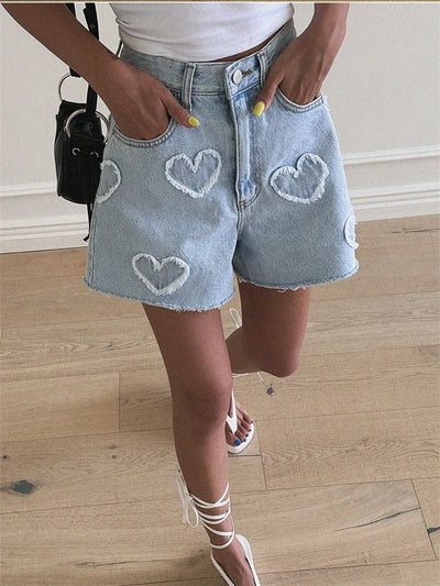 Sylvia | Heart Print Denim Shorts