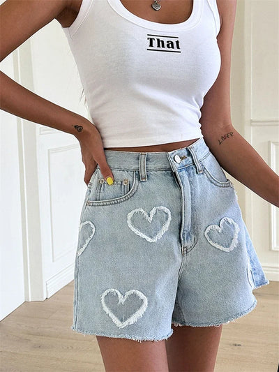 Sylvia | Heart Print Denim Shorts
