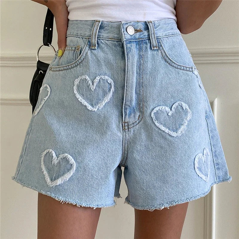 Sylvia | Heart Print Denim Shorts
